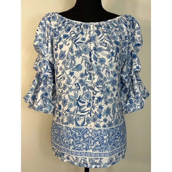 CeCe Blouse Blue and White Floral Ruffle Sleeve Blouse Size Medium (8/10) - Picture 1 of 9